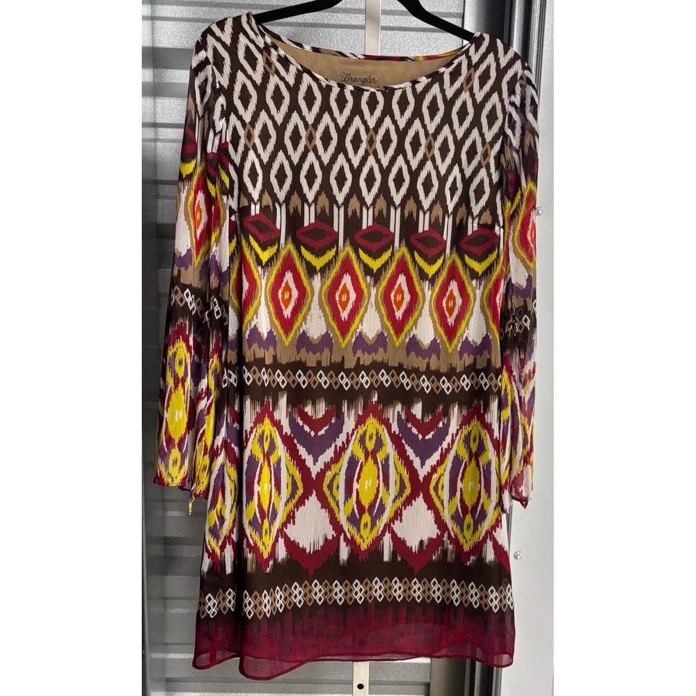 Wrangler Womens Southwestern Ikat Diamond Bell Sleeve Shift Dress Brown Red S